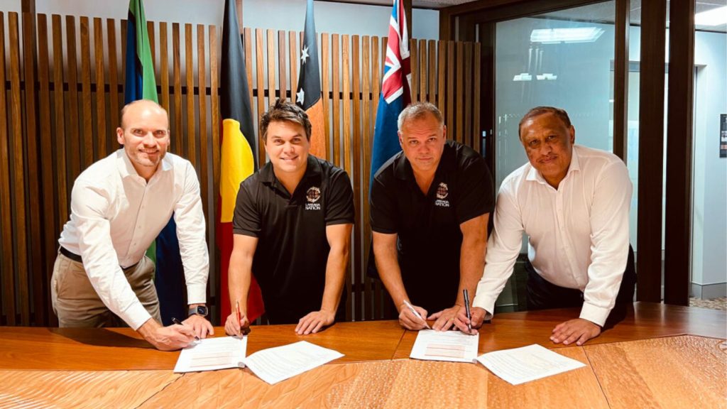 Pictured from left to right: Sam Reynolds, Managing Director of Octopus Australia; Jerome Cubillo, Chair of Larrakia Nation; Michael Rotumah, CEO of Larrakia Nation; Bevan Mailman, Co-Chair of Desert Springs Octopus. | Image: Desert Springs Octopus