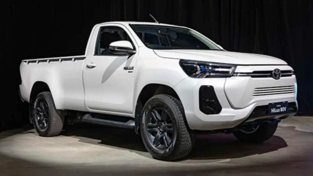 Toyota's white electric ute for testing in Australia on display